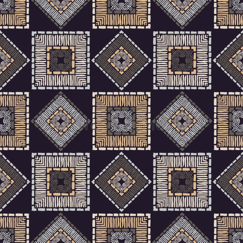 Ethnic boho seamless pattern. Embroidery on fabric. Patchwork texture. Weaving. Traditional ornament. Tribal pattern. Folk motif.